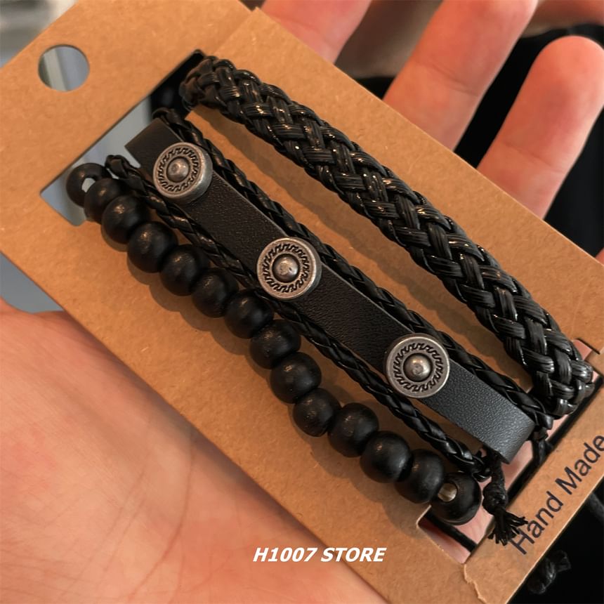 Alloy Disc Bead Faux Leather Layered Bracelet