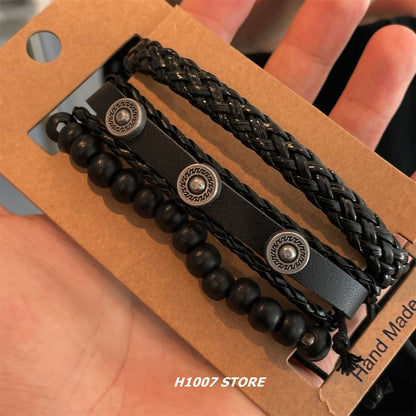 Alloy Disc Bead Faux Leather Layered Bracelet