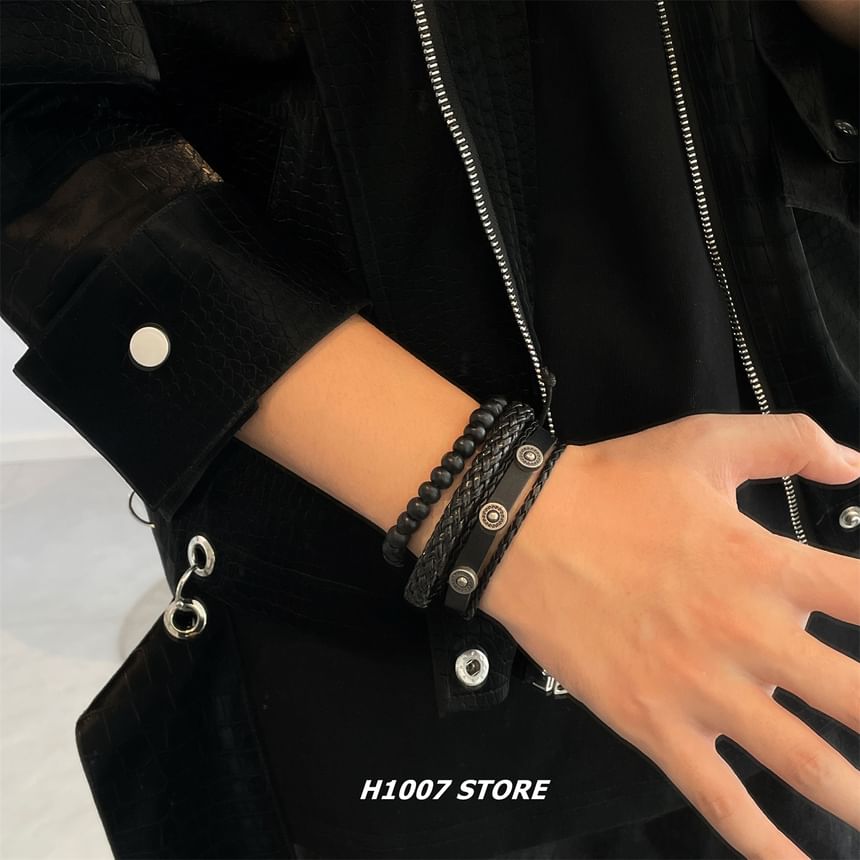 Alloy Disc Bead Faux Leather Layered Bracelet