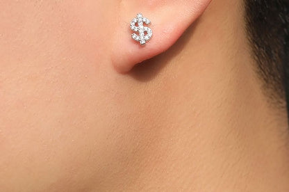 Sterling Silver Dollar Sign Rhinestone Ear Stud / Set