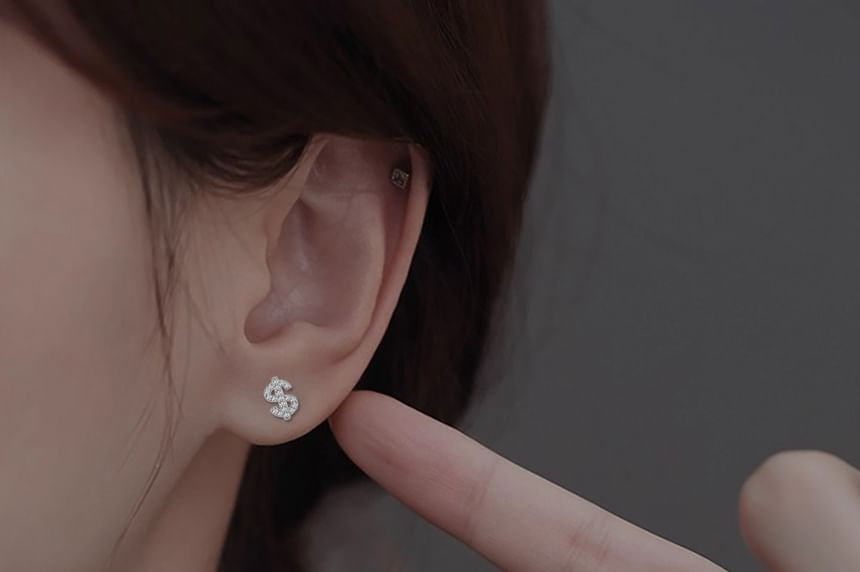 Sterling Silver Dollar Sign Rhinestone Ear Stud / Set