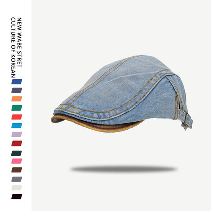 Faux Leather Brim Denim Flat Cap