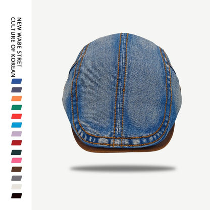 Faux Leather Brim Denim Flat Cap