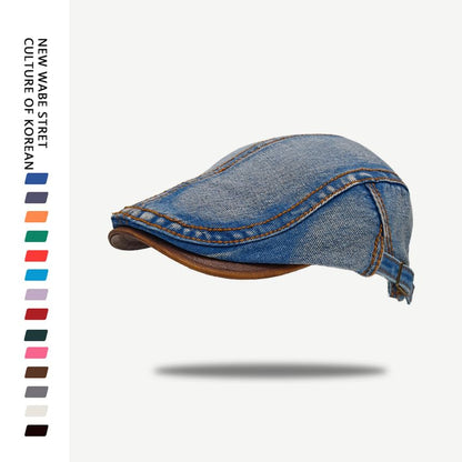 Faux Leather Brim Denim Flat Cap