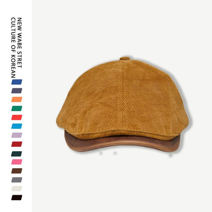 Faux Leather Brim Corduroy Flat Cap