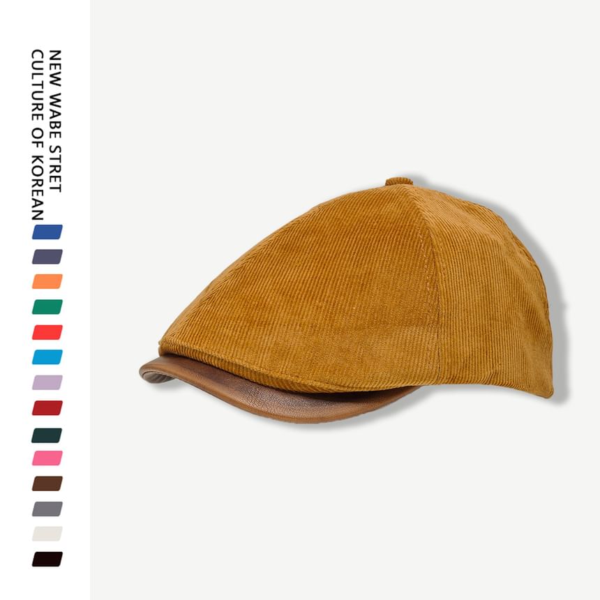 Faux Leather Brim Corduroy Flat Cap
