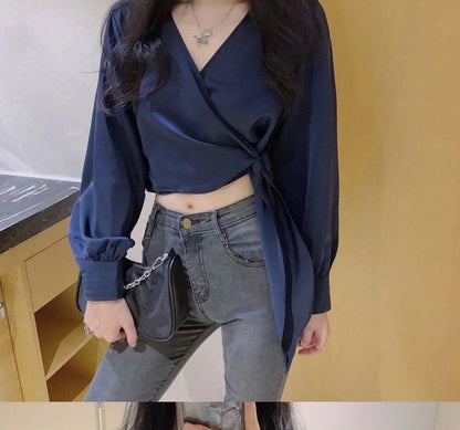 Cropped V-Neck Knot-Front Wrap Blouse with Long Sleeves