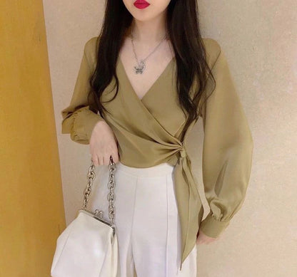 Cropped V-Neck Knot-Front Wrap Blouse with Long Sleeves