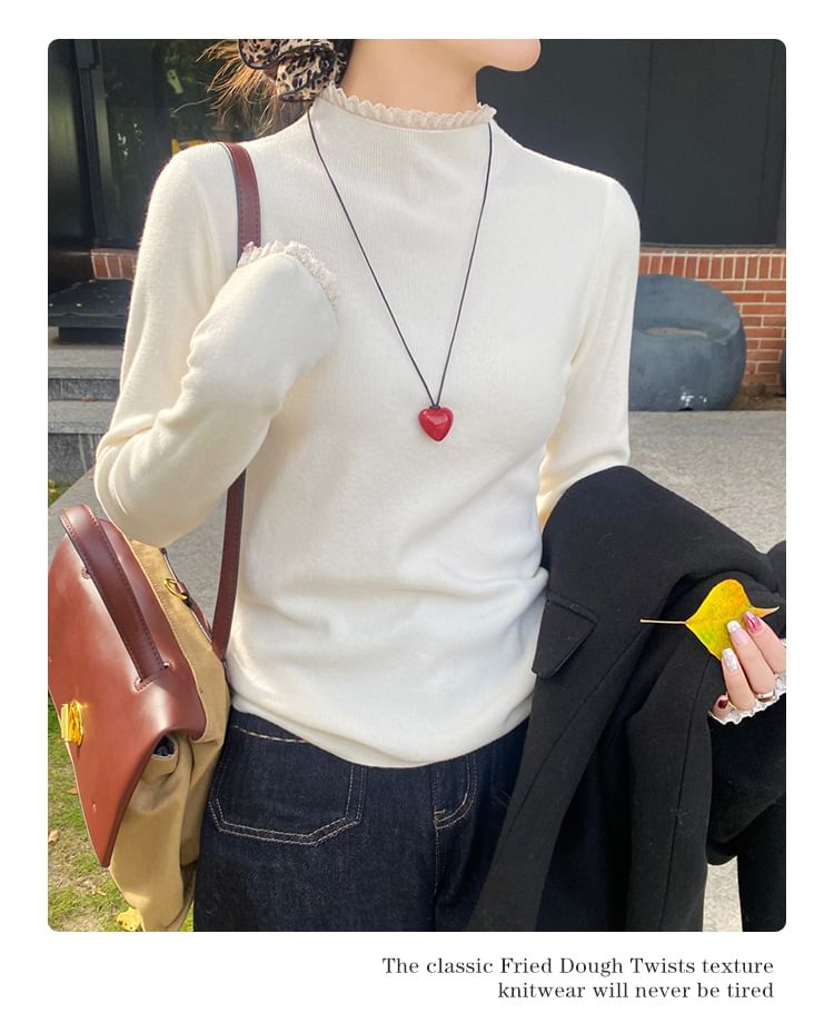 Mock Neck Lace Trim Slim Fit Knit Top