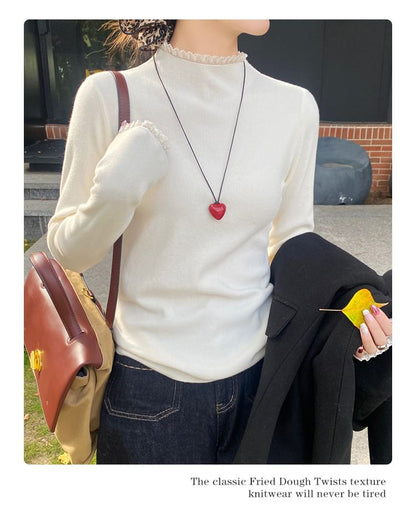 Mock Neck Lace Trim Slim Fit Knit Top