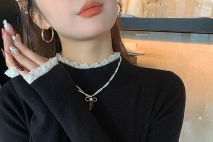 Mock Neck Lace Trim Slim Fit Knit Top