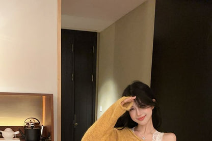 V-Neck Lace Panel Plain Sweater