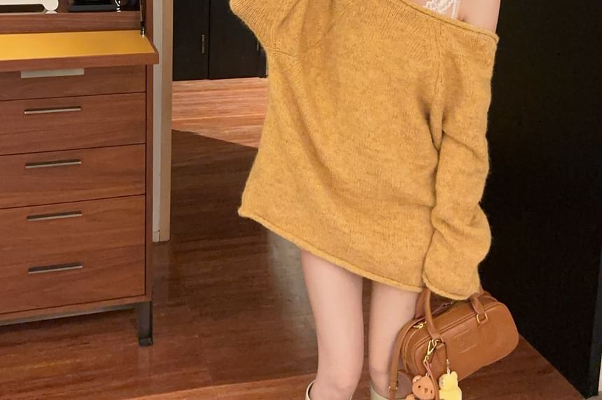 V-Neck Lace Panel Plain Sweater