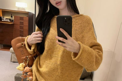 V-Neck Lace Panel Plain Sweater