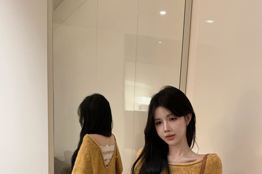 V-Neck Lace Panel Plain Sweater