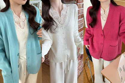 Plain Button-Up Cardigan or Sleeveless Lace Top