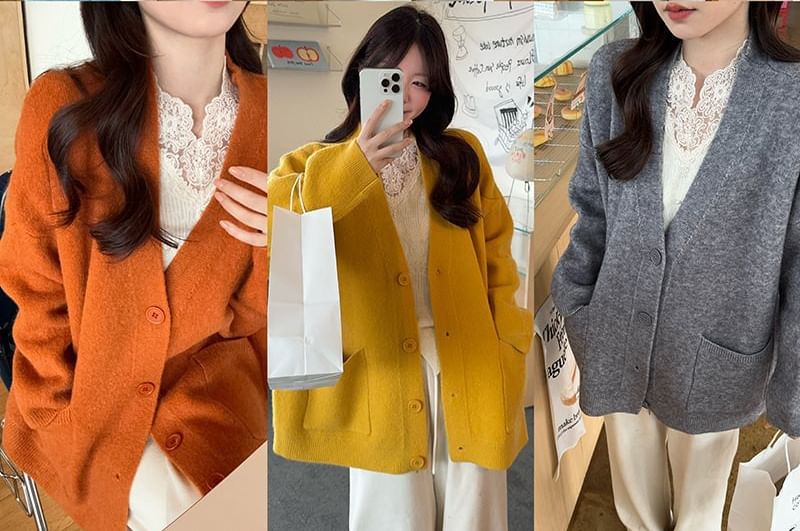 Plain Button-Up Cardigan or Sleeveless Lace Top