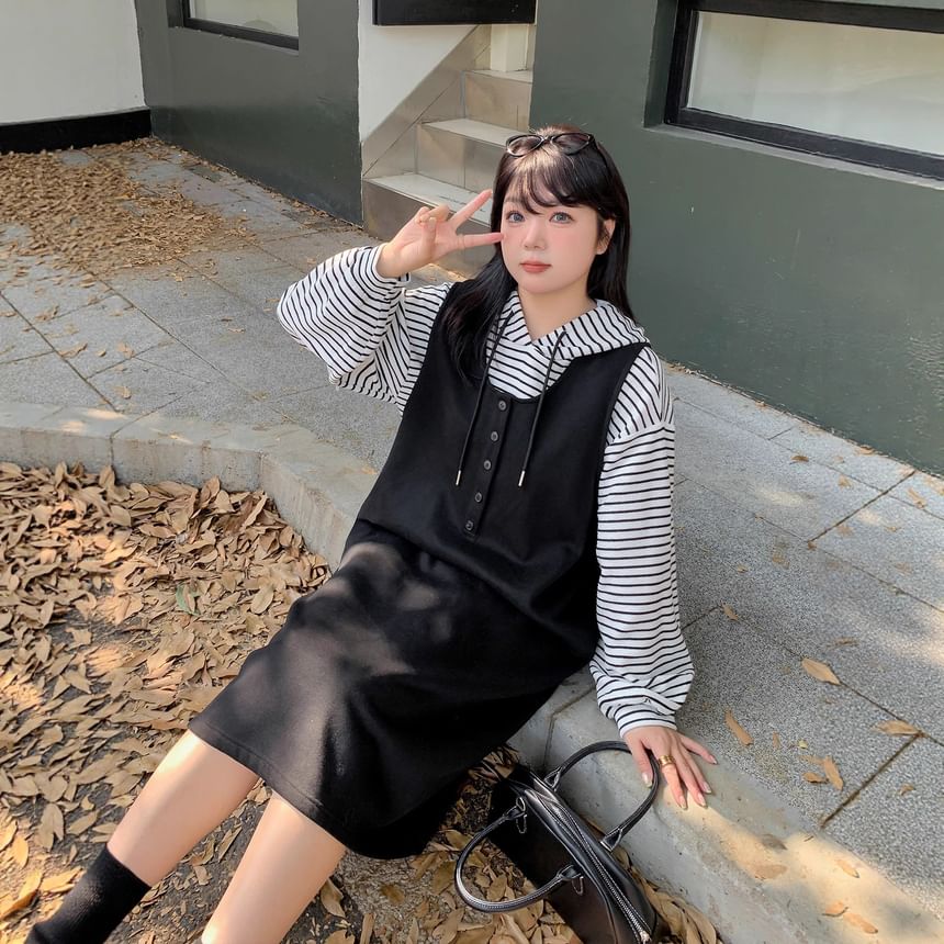 Set: Striped Hoodie & Plain Midi Overall Dress with Scoop Neck & Half-Button Front