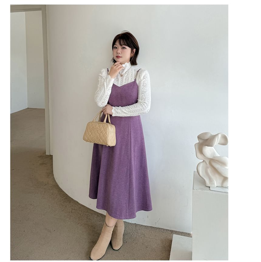 Set: Lace Turtleneck Top & Plain Midi A-Line Dress with Spaghetti Straps & V-Neck