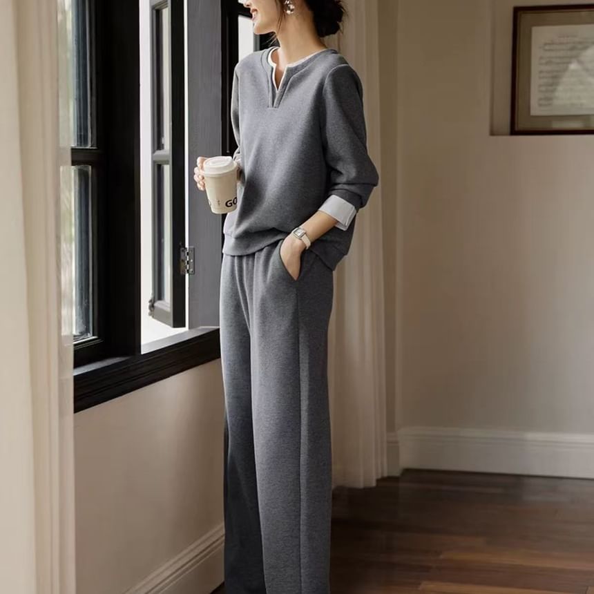 Mock Two-Piece Notched Pullover & Straight Leg Sweatpants Set