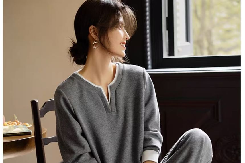 Mock Two-Piece Notched Pullover & Straight Leg Sweatpants Set