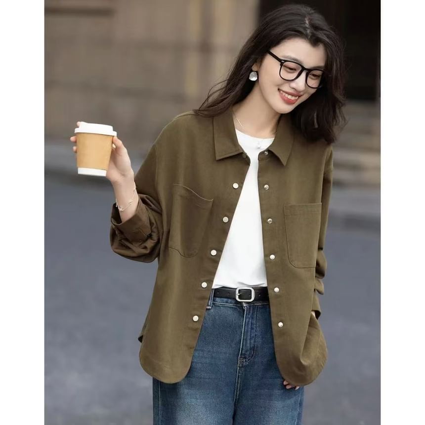 Scoop Hem Plain Shirt with Long Sleeves