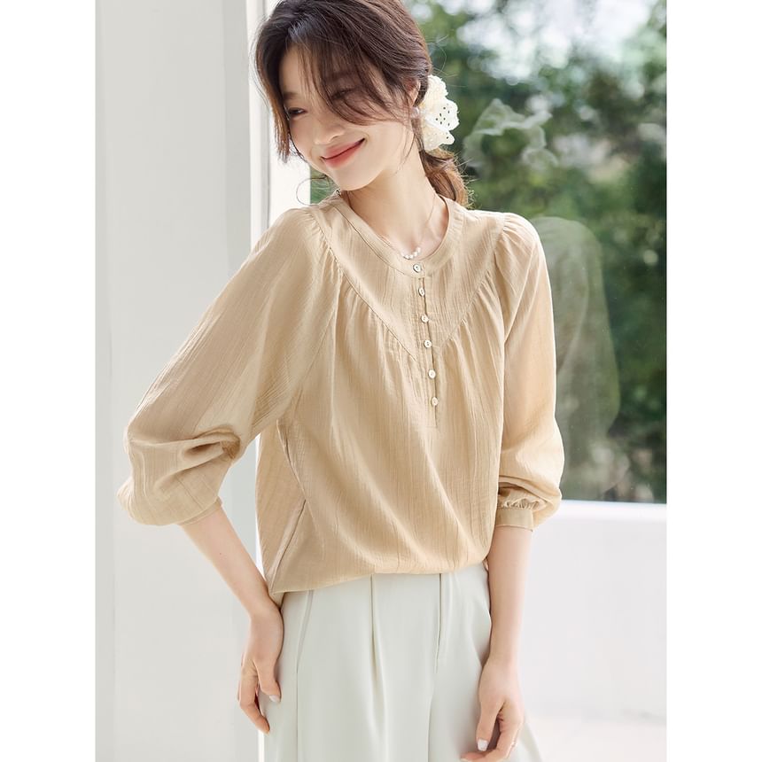 Half-Buttoned Plain Blouse with Long Sleeves