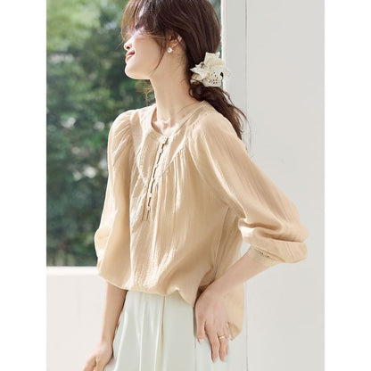 Half-Buttoned Plain Blouse with Long Sleeves