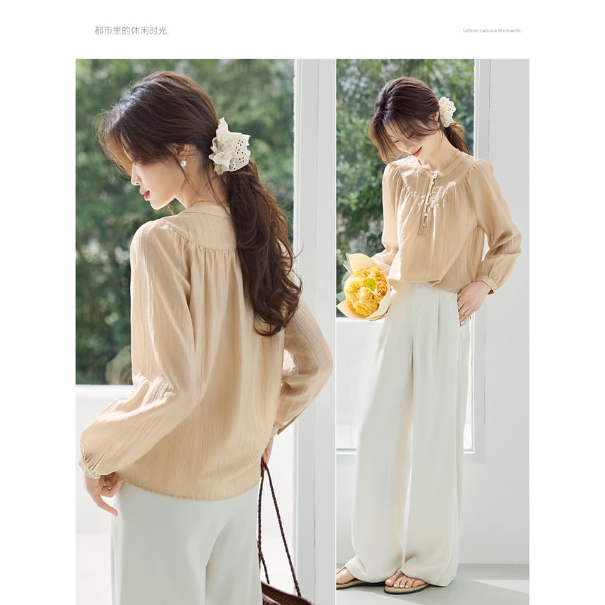 Half-Buttoned Plain Blouse with Long Sleeves