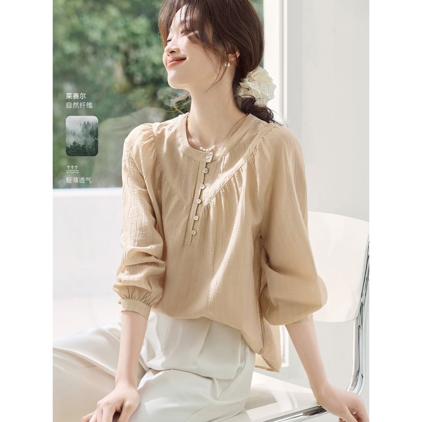 Half-Buttoned Plain Blouse with Long Sleeves