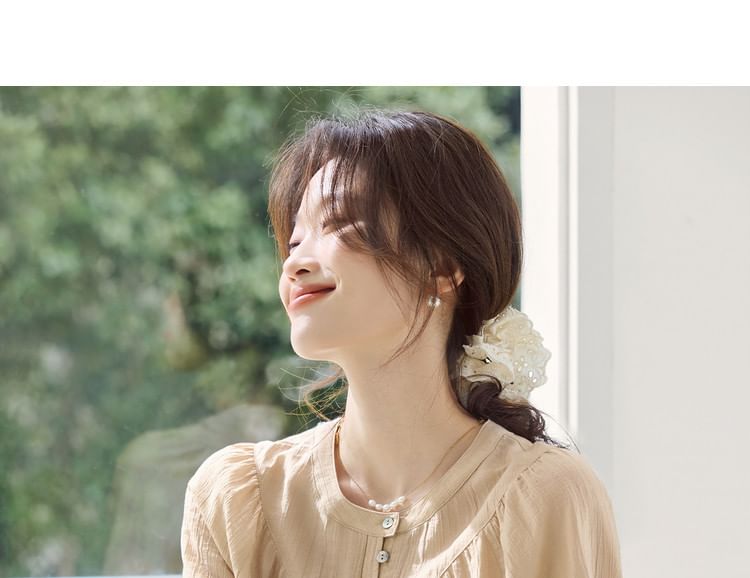 Half-Buttoned Plain Blouse with Long Sleeves