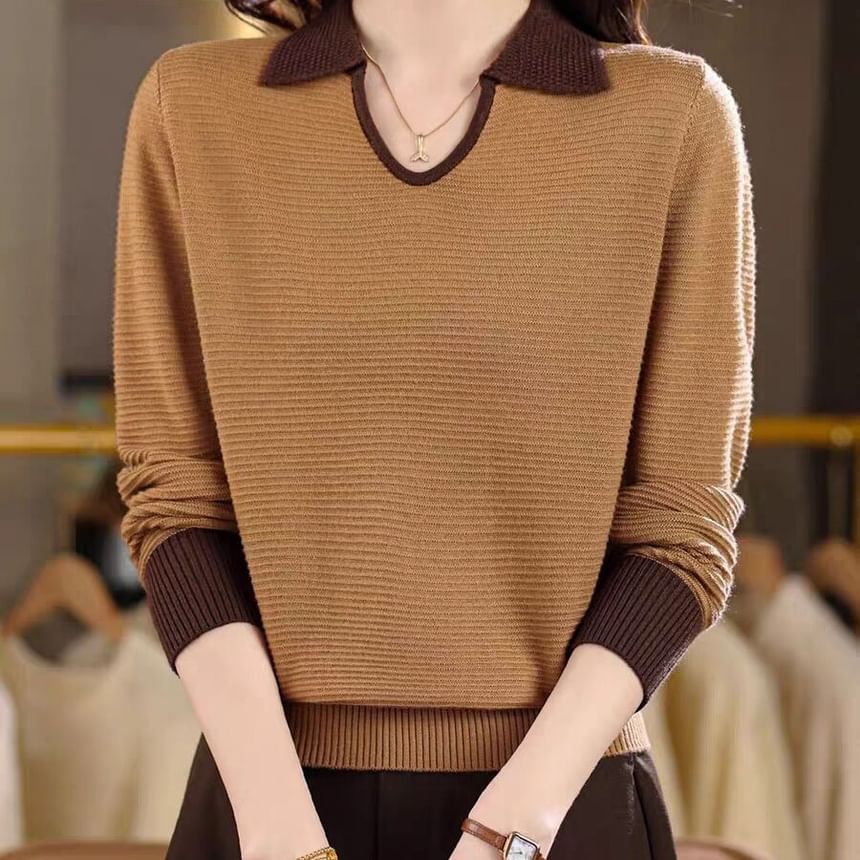 Two-Tone Knit Polo Top with Long Sleeves