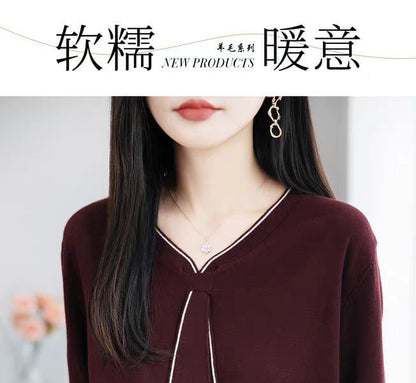 Knit Top with Tie Neck & Contrast Trim, Long Sleeves
