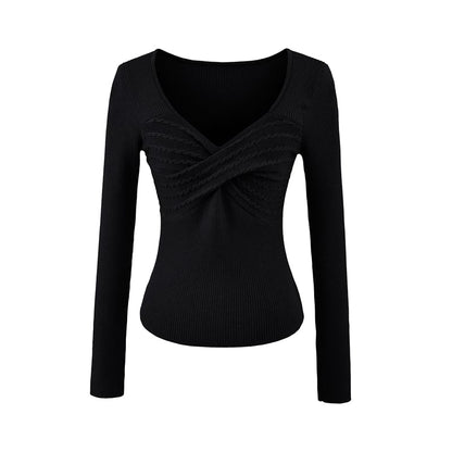 Slim-Fit Cable Knit Top with V-Neckline & Long Sleeves
