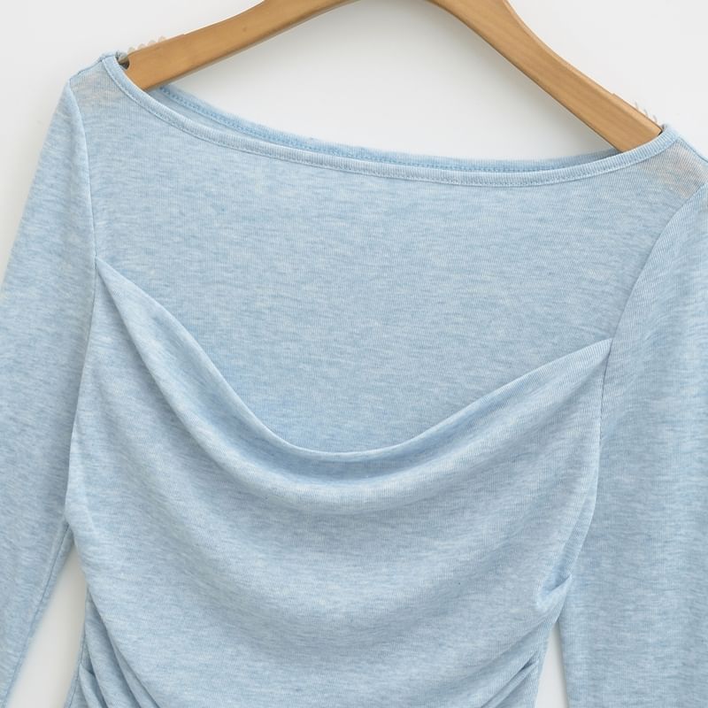 Slim-Fit Boat-Neck Ruched Tee with Mock Layered Long Sleeves