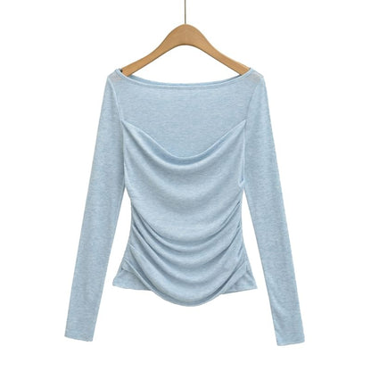 Slim-Fit Boat-Neck Ruched Tee with Mock Layered Long Sleeves
