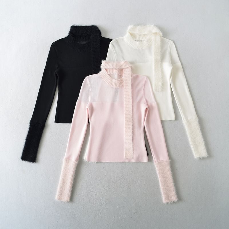 Sheer-Panel Slim-Fit Crewneck Long-Sleeve Knit Top with Skinny Scarf Set