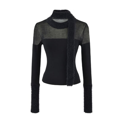 Sheer-Panel Slim-Fit Crewneck Long-Sleeve Knit Top with Skinny Scarf Set