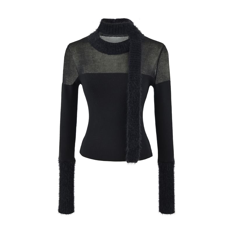Sheer-Panel Slim-Fit Crewneck Long-Sleeve Knit Top with Skinny Scarf Set