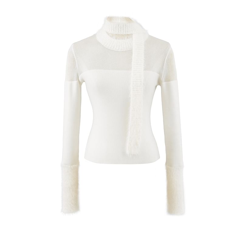Sheer-Panel Slim-Fit Crewneck Long-Sleeve Knit Top with Skinny Scarf Set