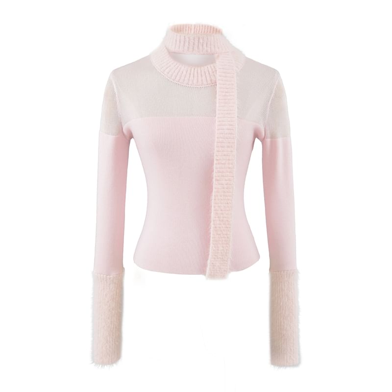 Sheer-Panel Slim-Fit Crewneck Long-Sleeve Knit Top with Skinny Scarf Set