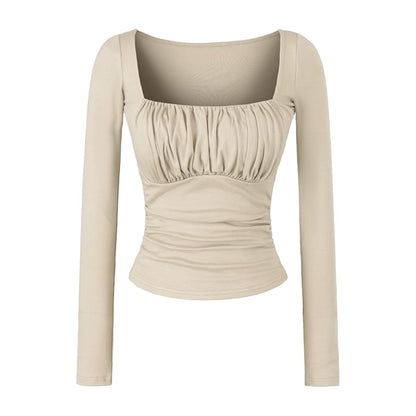 Square-Neck Ruched Padded Cropped Long-Sleeve Tee in Solid Color