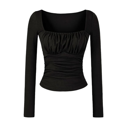 Square-Neck Ruched Padded Cropped Long-Sleeve Tee in Solid Color