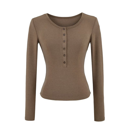 Slim-Fit Cropped Tee with Half-Button Placket, Round Neckline & Extended Sleeves