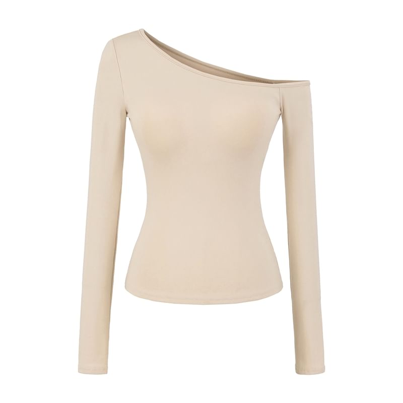 Off-Shoulder Padded Solid Long-Sleeve T-Shirt