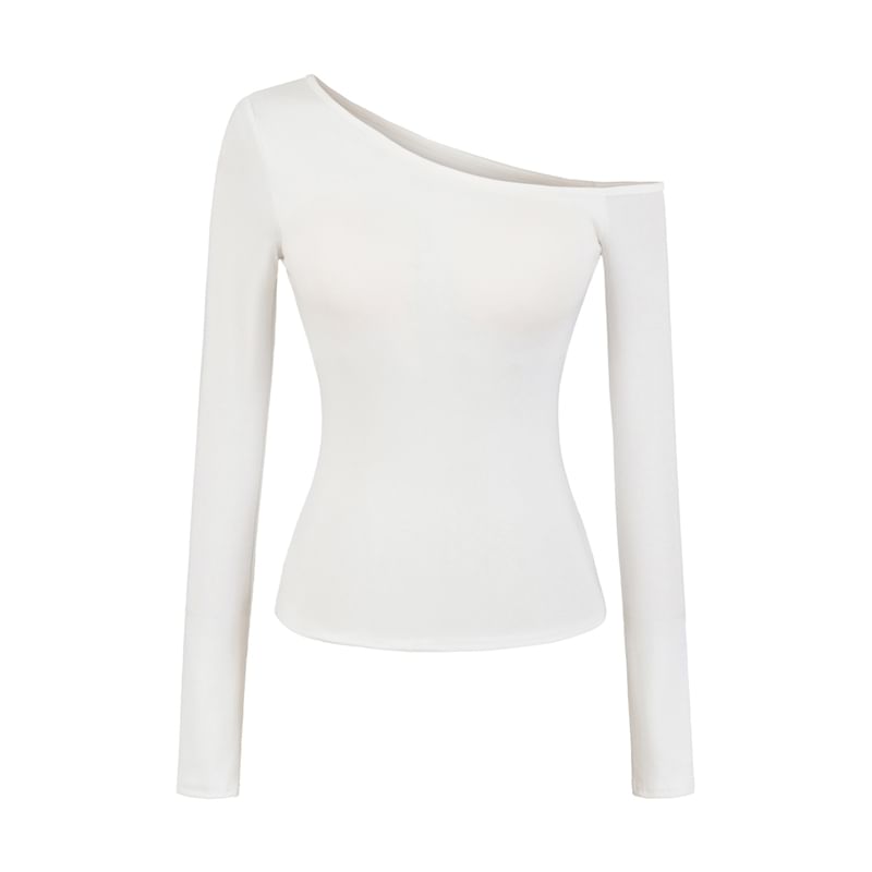 Off-Shoulder Padded Solid Long-Sleeve T-Shirt