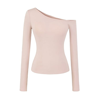 Off-Shoulder Padded Solid Long-Sleeve T-Shirt