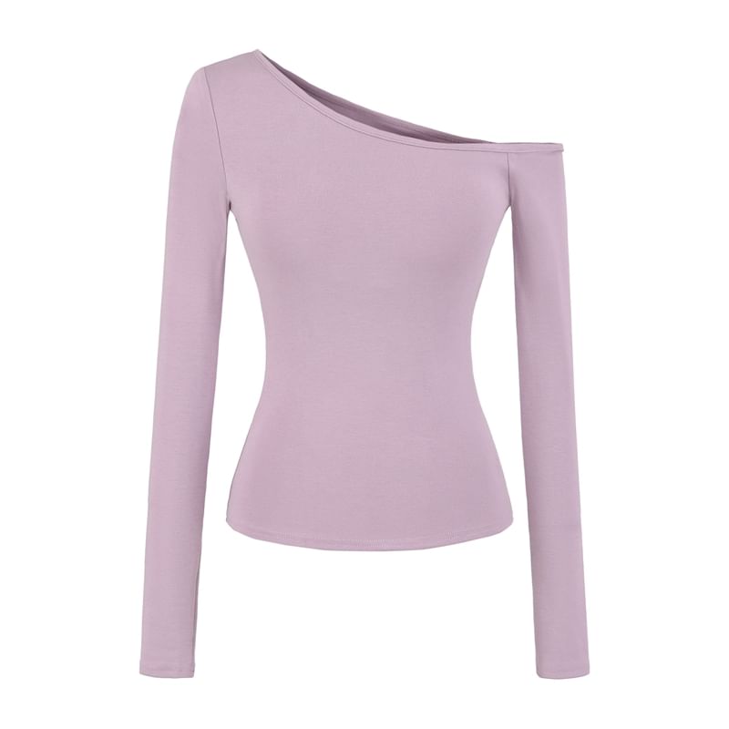 Off-Shoulder Padded Solid Long-Sleeve T-Shirt
