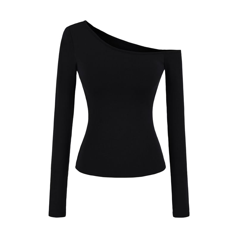 Off-Shoulder Padded Solid Long-Sleeve T-Shirt
