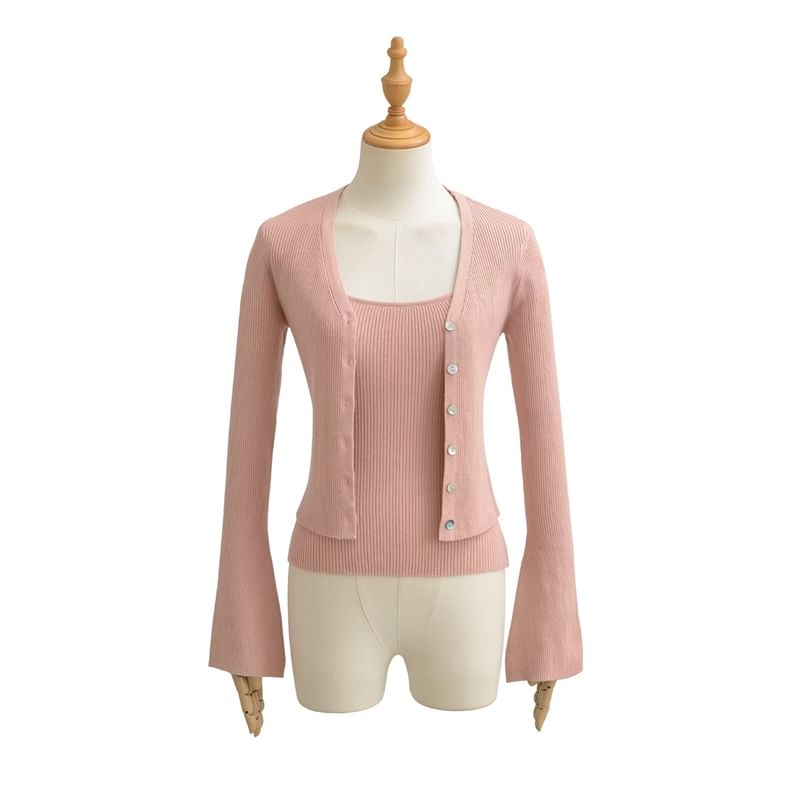 Two-Piece Set: Buttoned V-Neck Cropped Cardigan & Cami Top